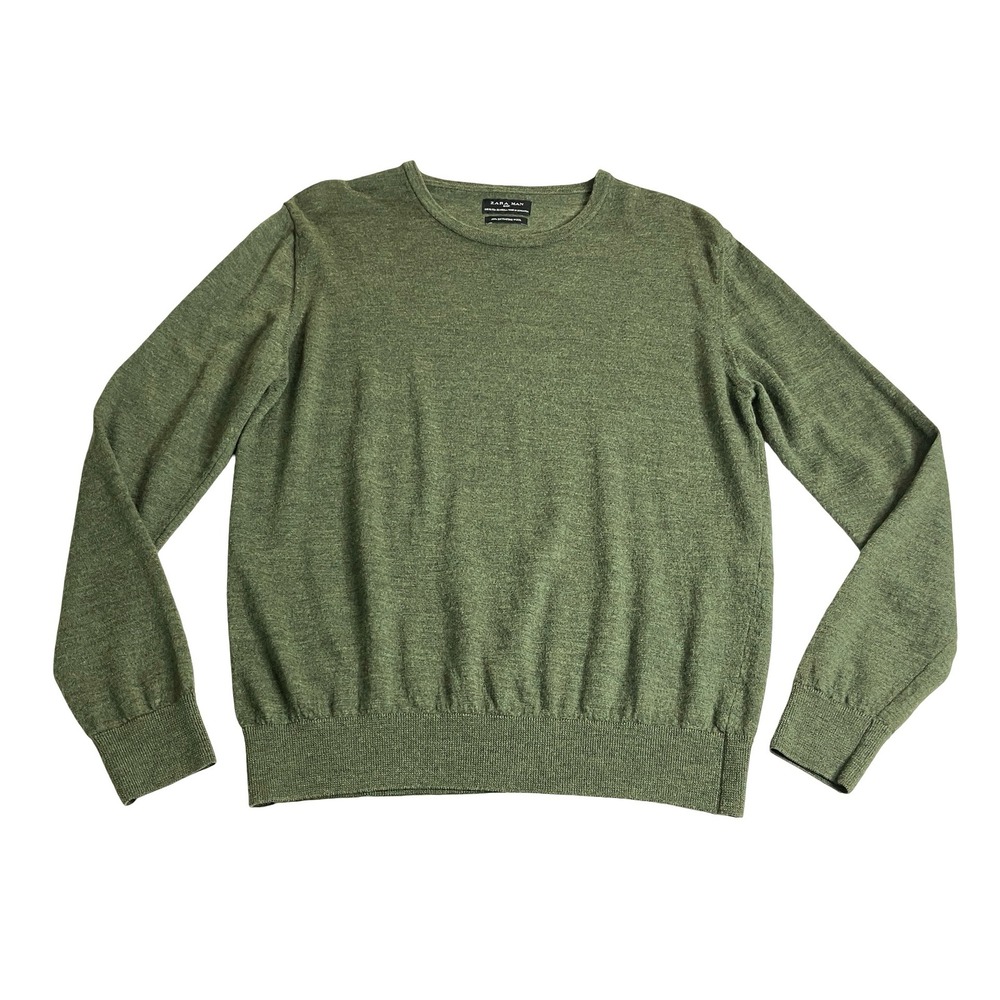 Zara Man Basic Sweater Mens XL Green Extrafine Wool Crew Neck Lightweight Preppy